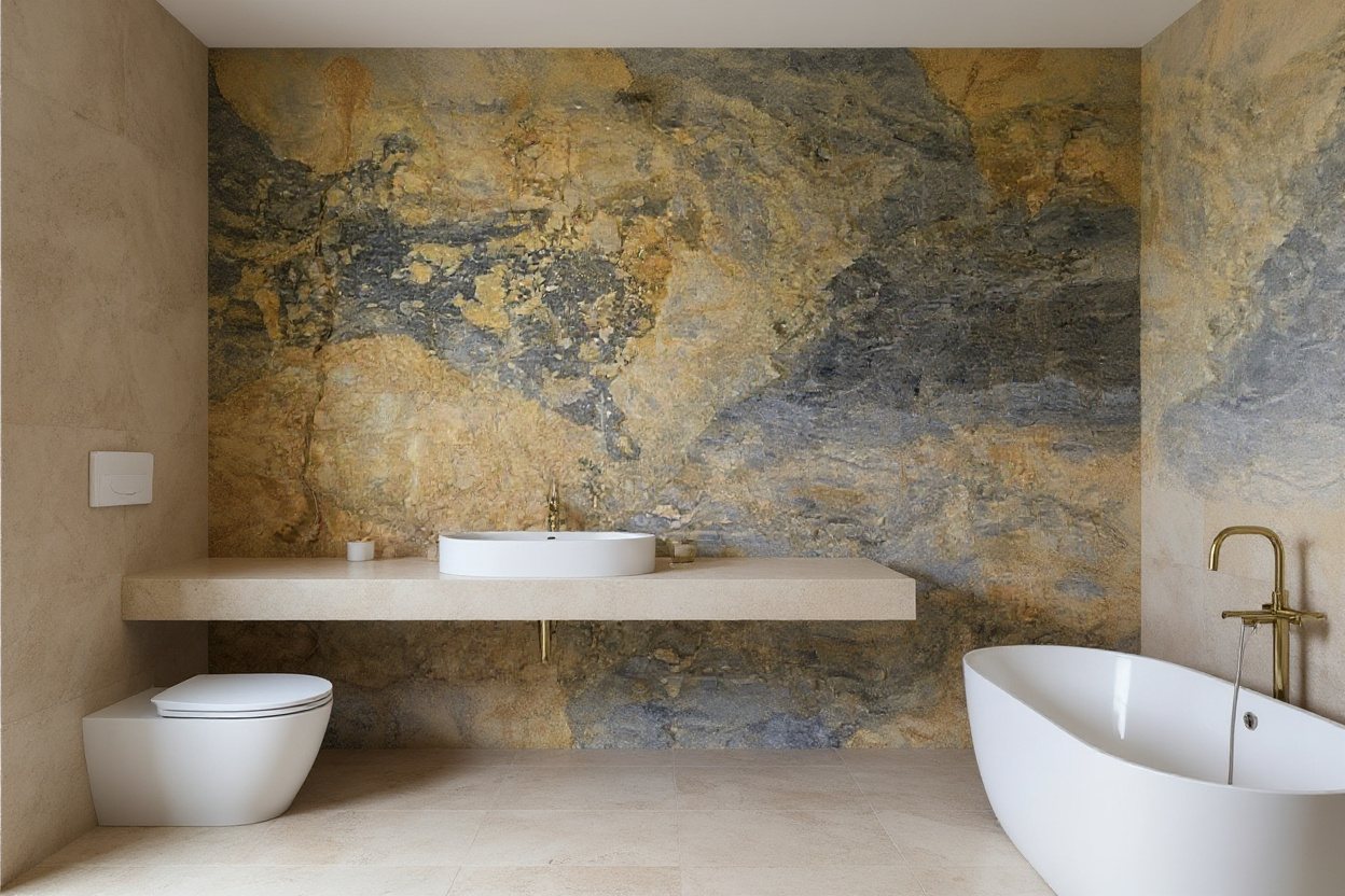 Aura Gold Marble bathroom feature wall and vanity