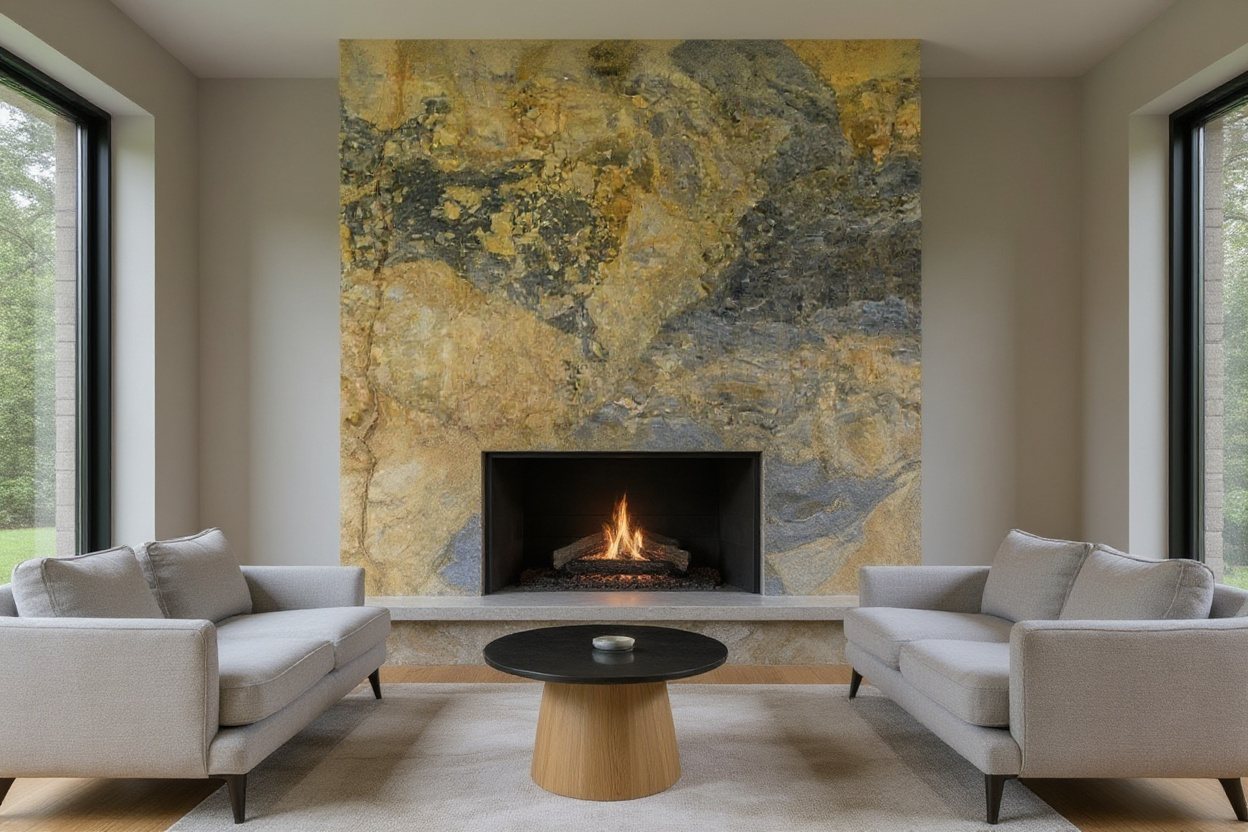 Aura Gold Marble fireplace feature wall