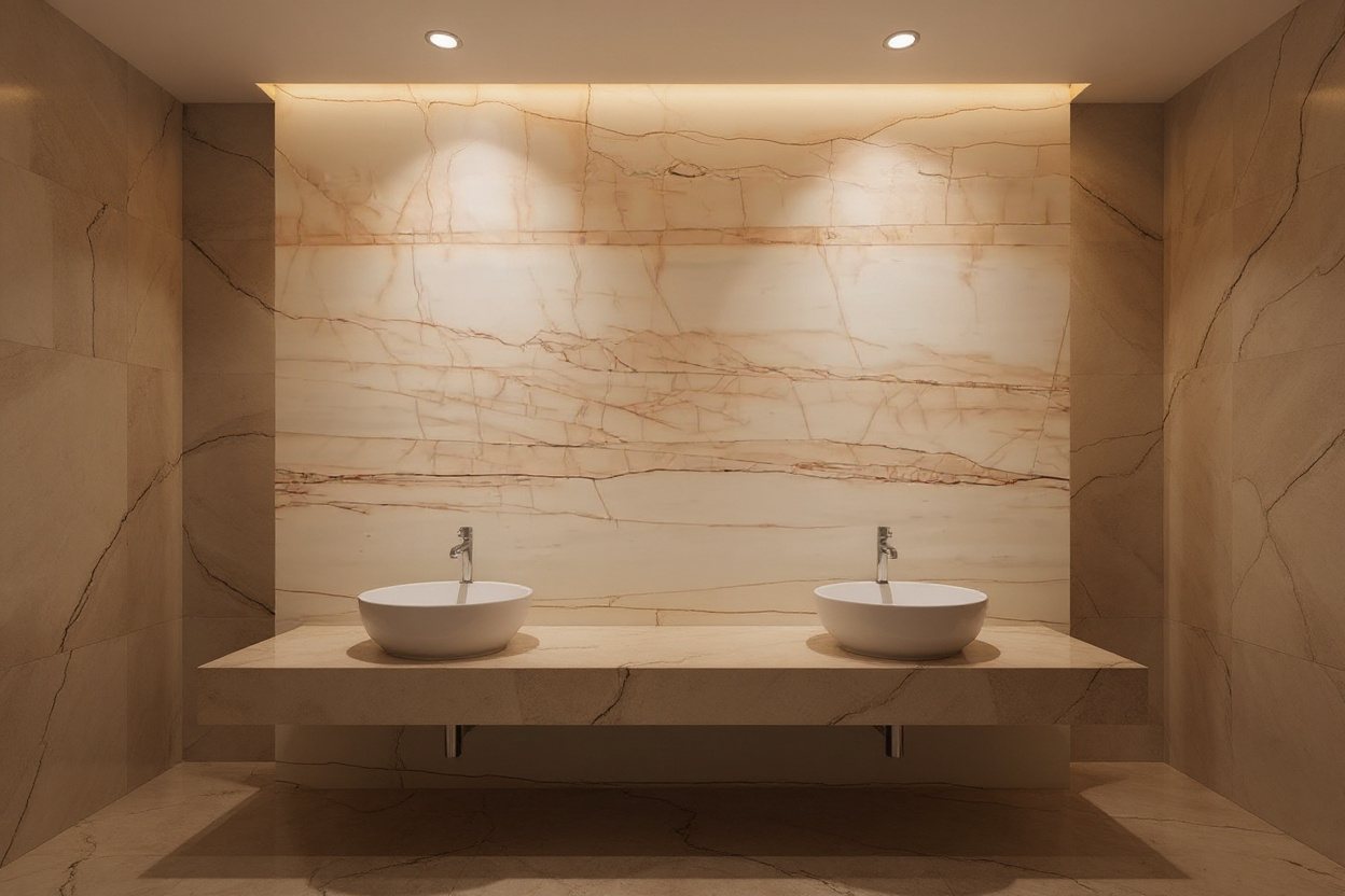 Rosso Venato Onyx backlit bathroom wall