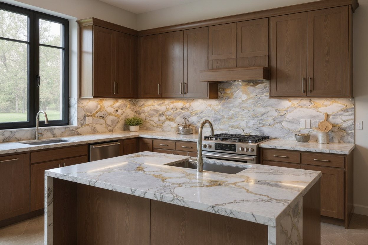 Sovereign Grey Marble kitchen countertops and island