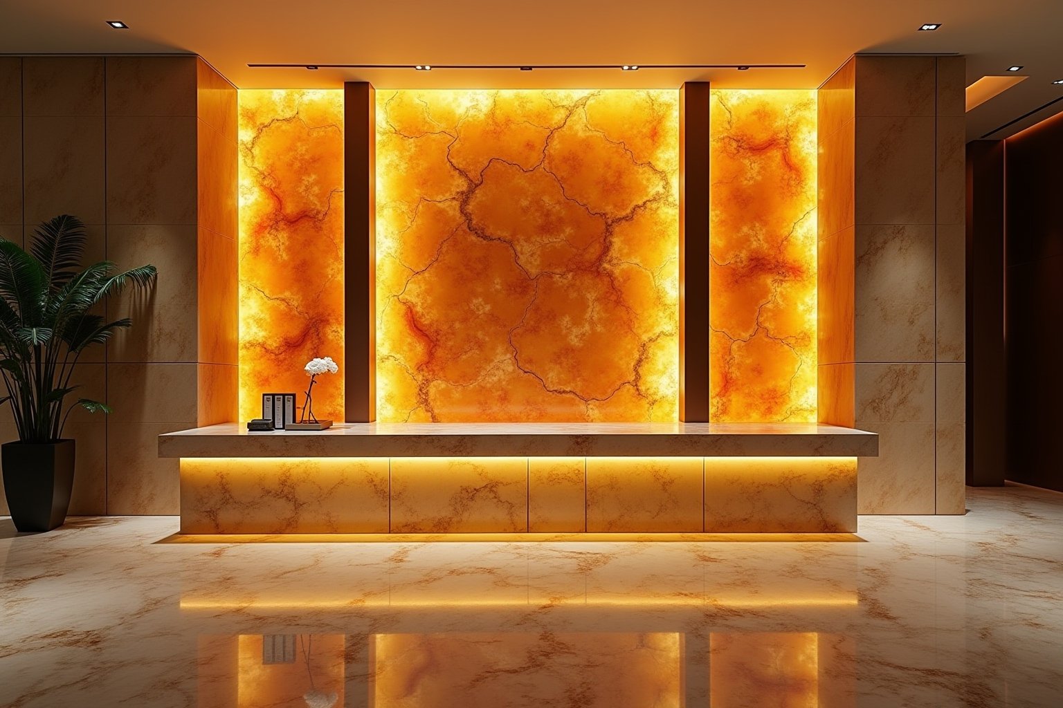 Backlit onyx hotel reception wall